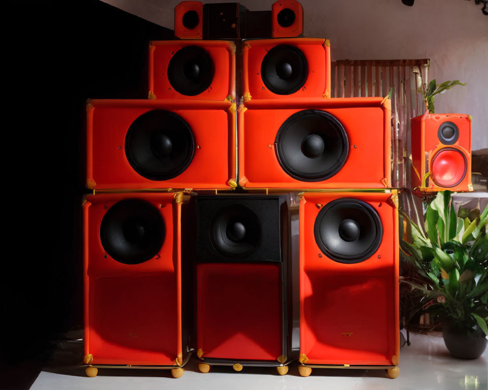 Vibrant red speakers in modern room with plant