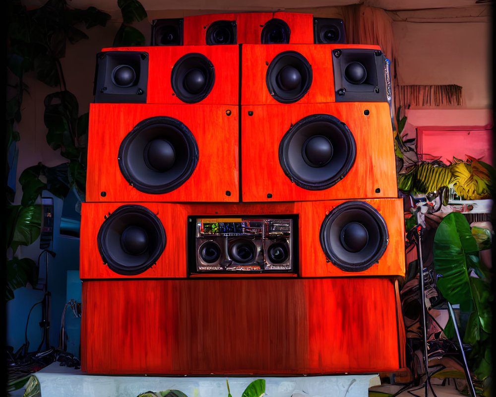 Custom-built Speaker System with Multiple Woofers in Red Wooden Housing