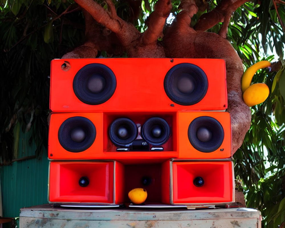 Red and Black Speakers on Old Surface with Green Foliage and Yellow Fruits