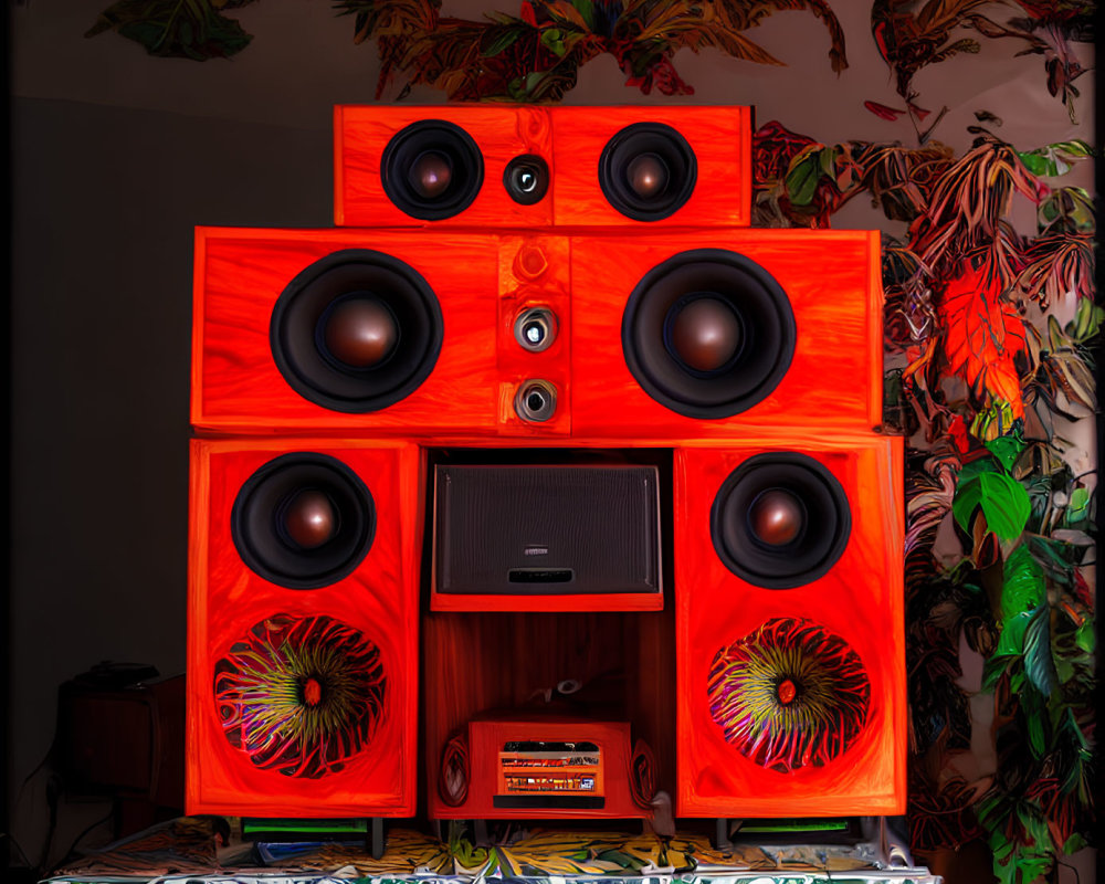 Vivid and Colorful Audio Setup with Red and Black Speakers in Graffiti Art Setting