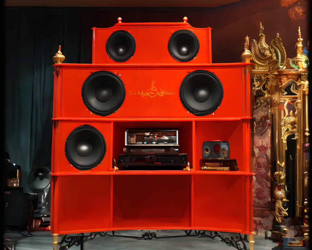 Luxurious Room with Vibrant Red Audiophile Hi-Fi Stereo System