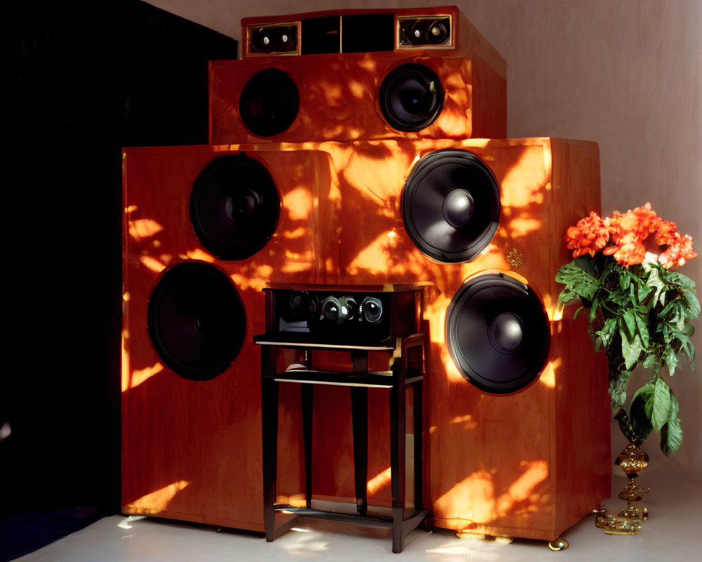 Vintage speaker system with wooden finish and amplifier in warmly lit room