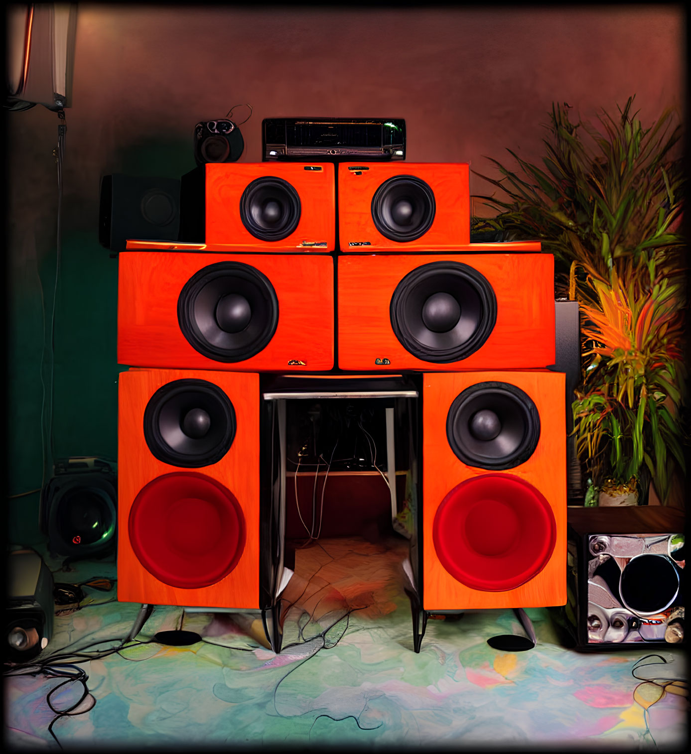 Colorful Red and Black Speaker Setup with Plants and Electronics on Patterned Floor