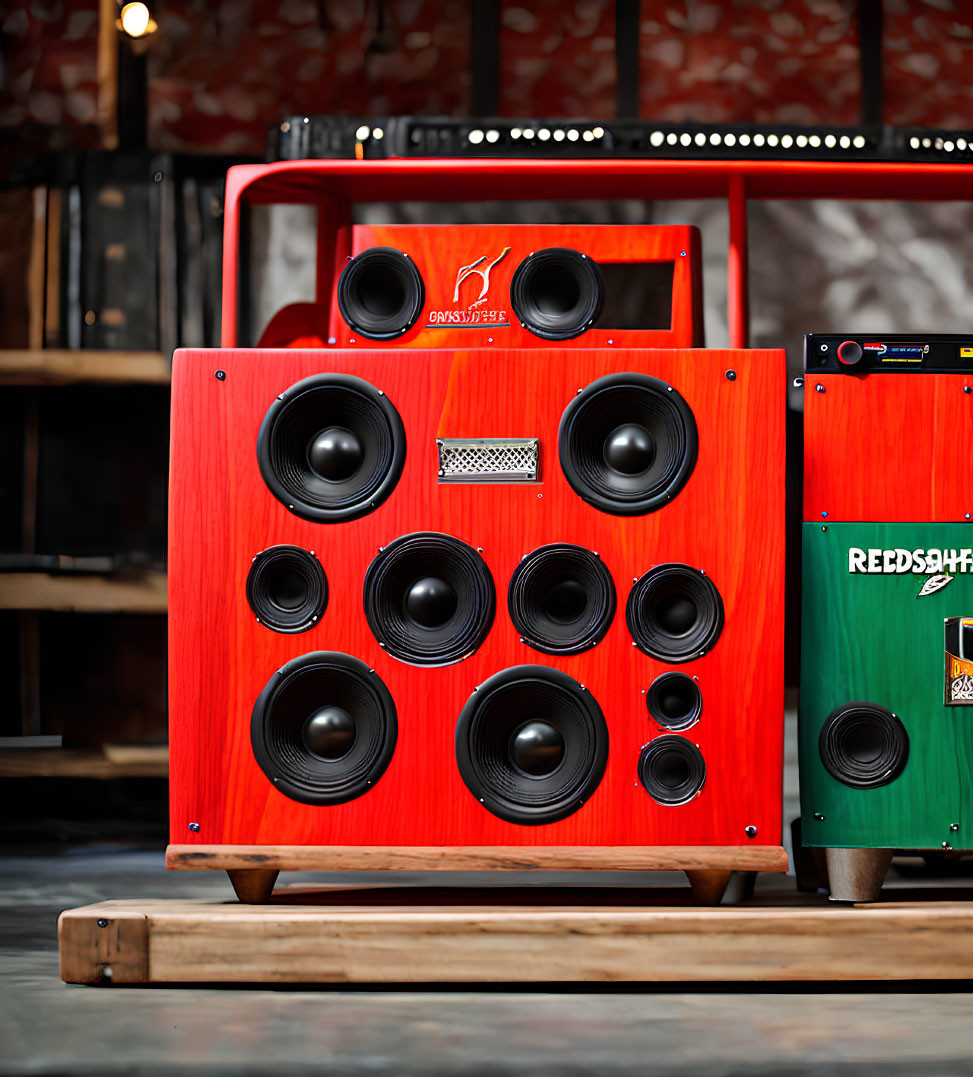 Red Wooden Guitar Amplifier Cabinet with Black Speakers on Blurred Background