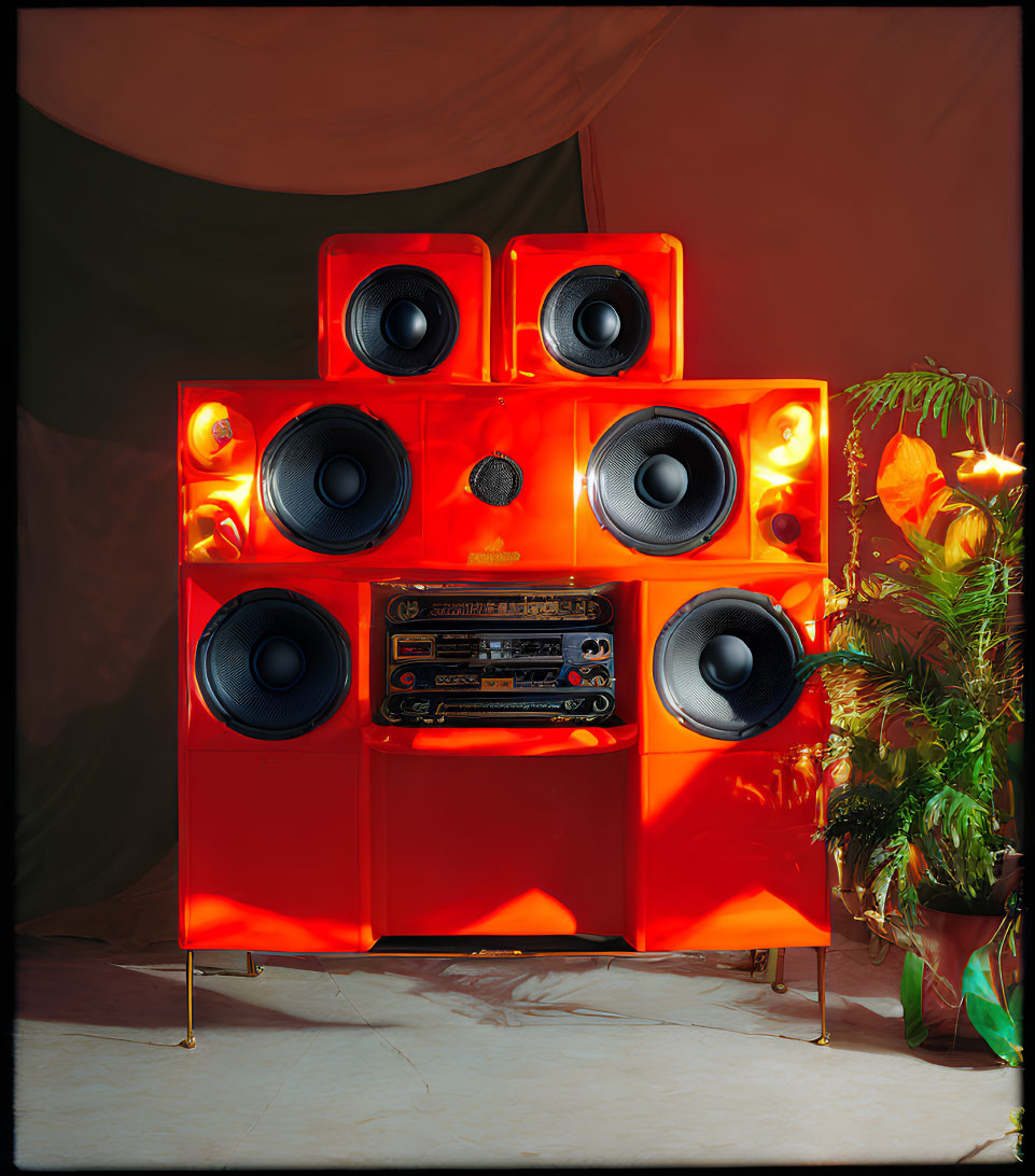 Vintage Red Sound System with Multiple Speakers and Cassette Player illuminated by Warm Lights on Dark Background with Plant