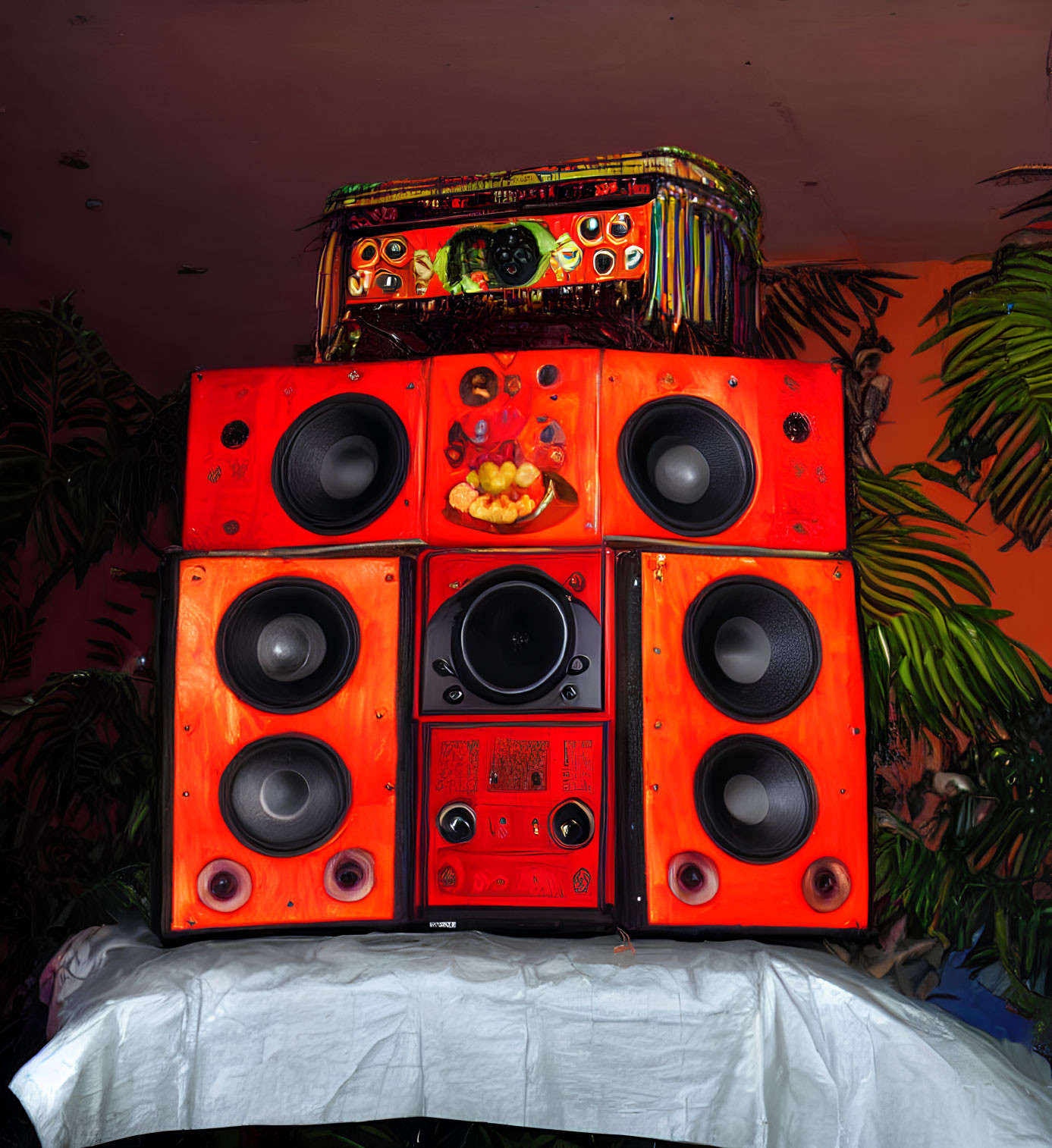 Colorful speaker stack with fruit bowl on pink wall background