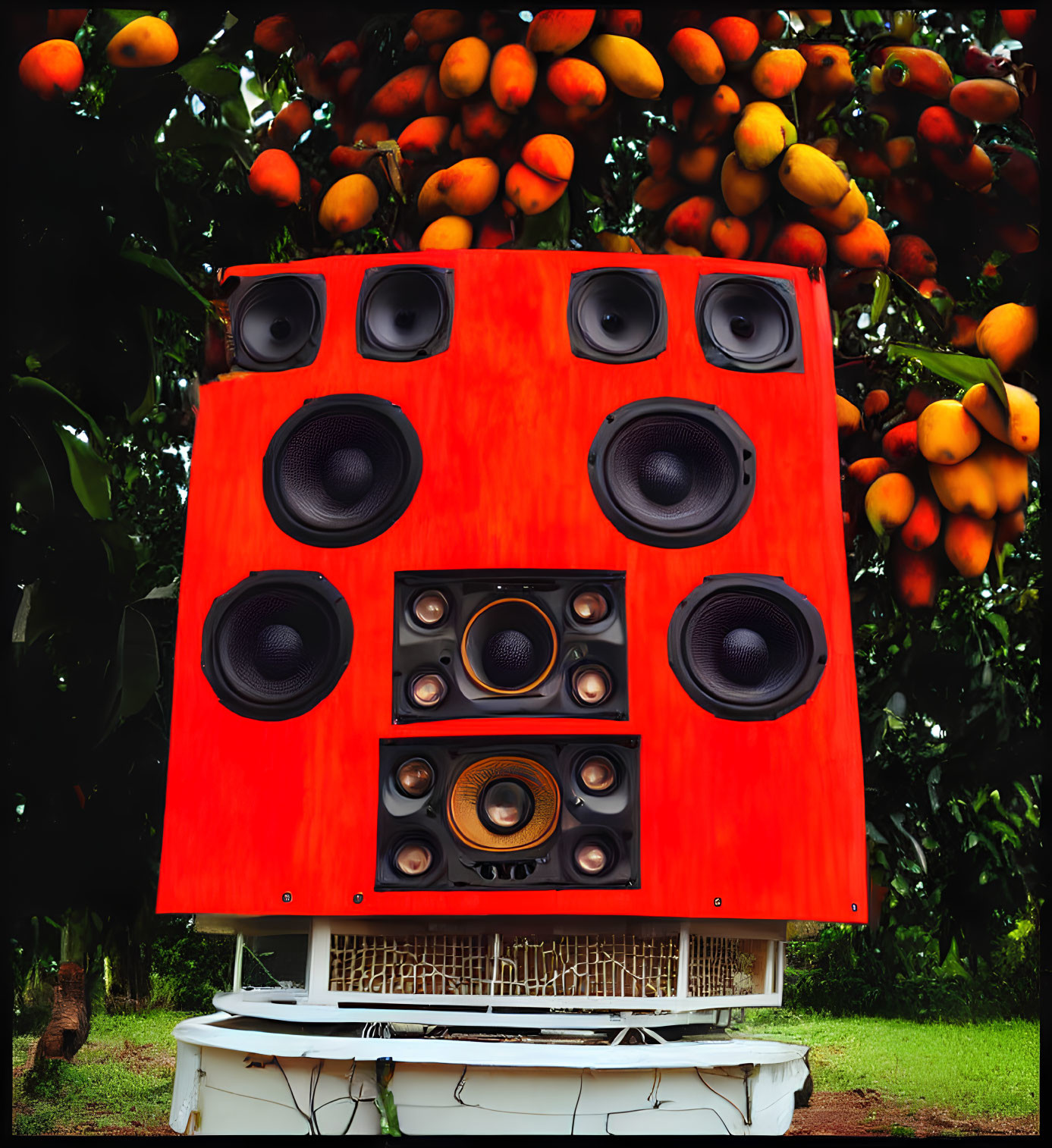 Large Red Outdoor Speaker with Subwoofers in Lush Garden with Mango Trees