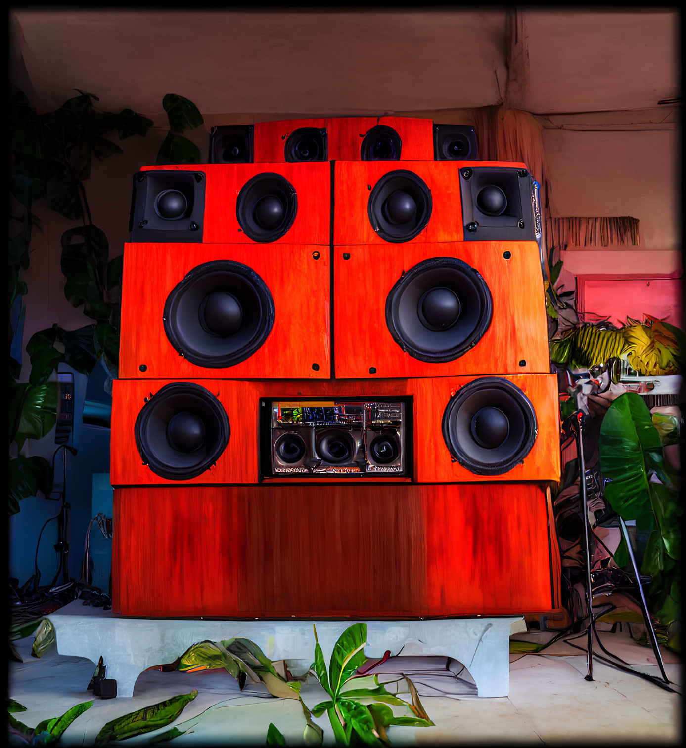 Custom-built Speaker System with Multiple Woofers in Red Wooden Housing