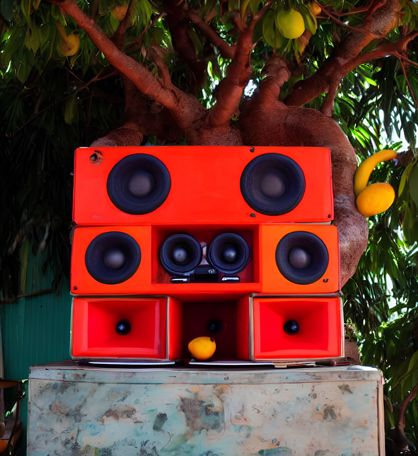 Red and Black Speakers on Old Surface with Green Foliage and Yellow Fruits