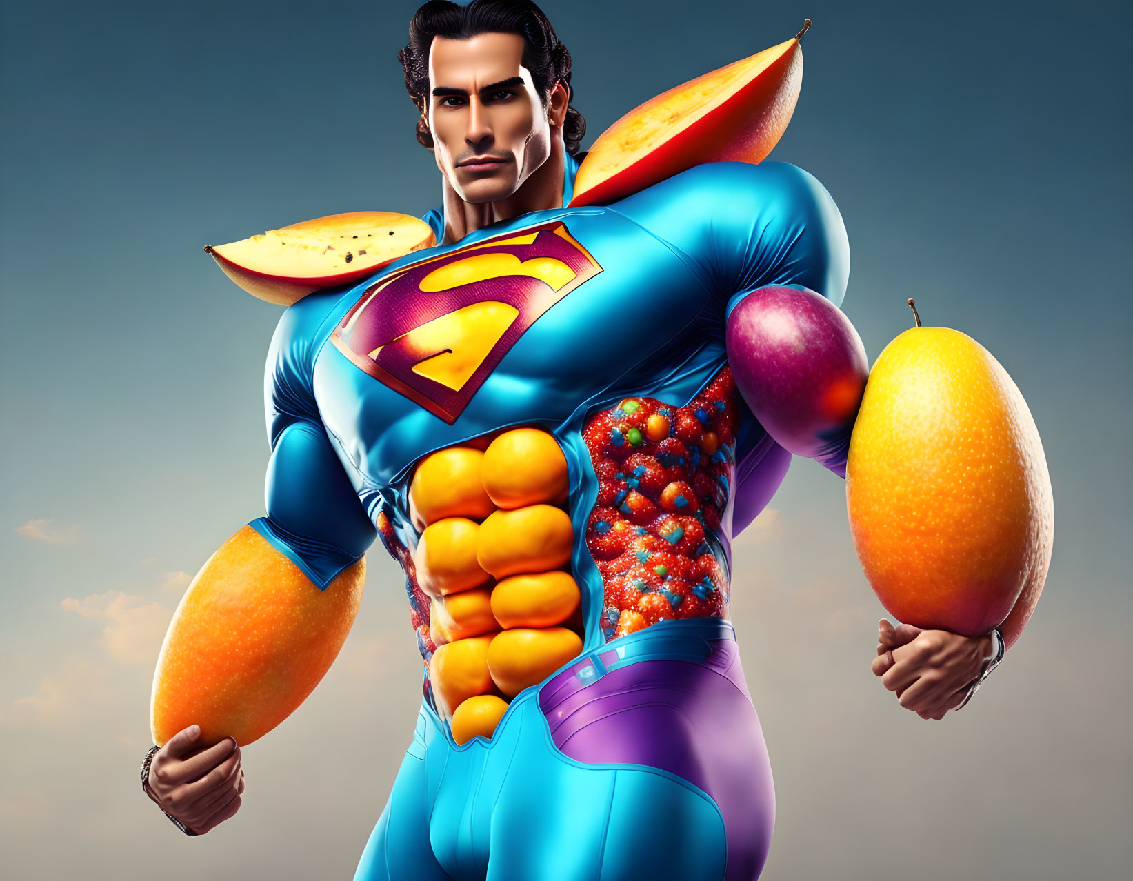 Stylized image of superhero with food-filled suit