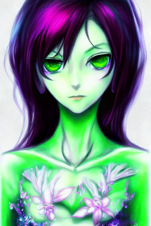 Stylized digital artwork of a female figure with green eyes, purple hair, and floral designs