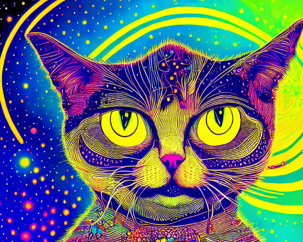 Colorful Psychedelic Cat Art with Yellow Eyes and Cosmic Background