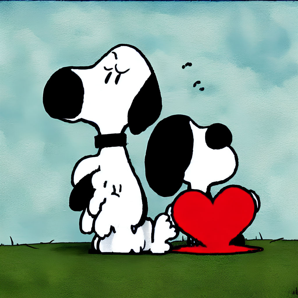 Cartoon dogs with heart shape sitting on grass and sky background