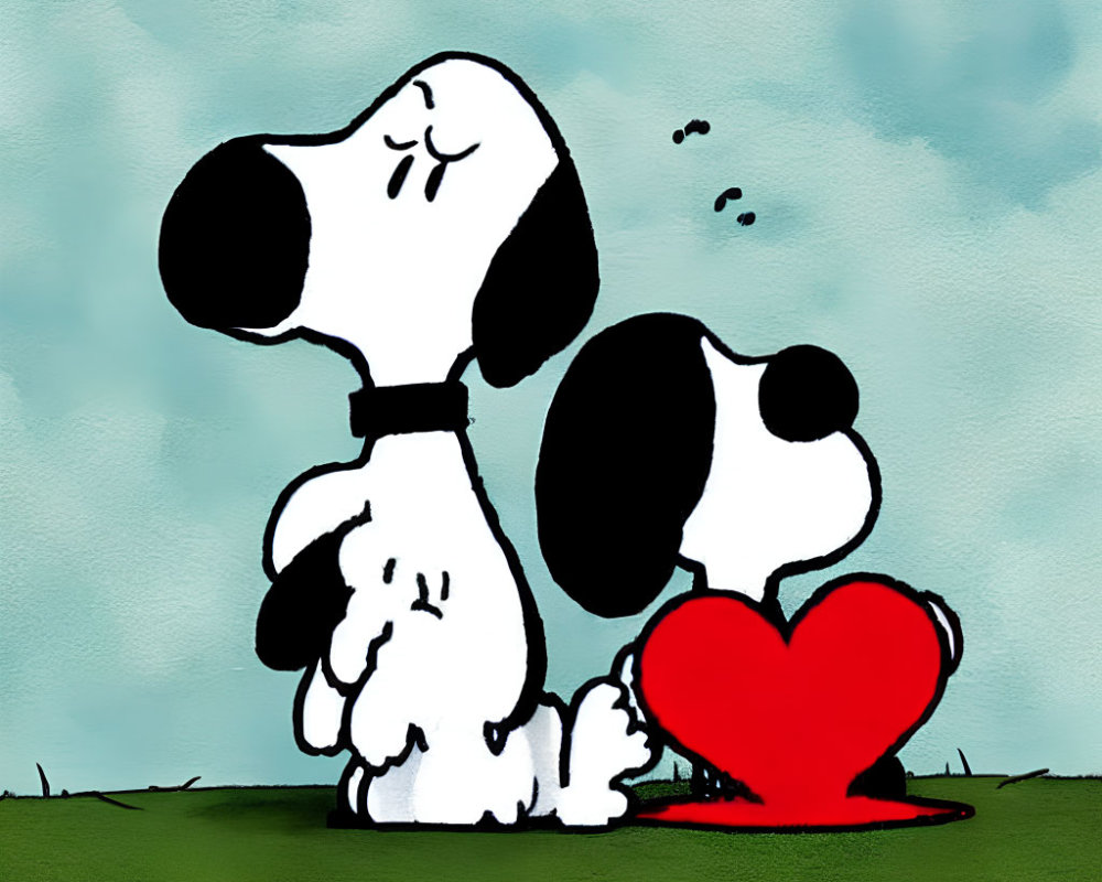 Cartoon dogs with heart shape sitting on grass and sky background