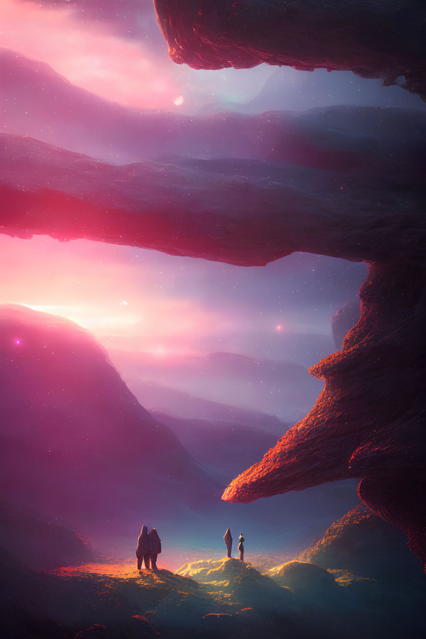 Fantastical landscape with silhouetted figures under pink and purple light