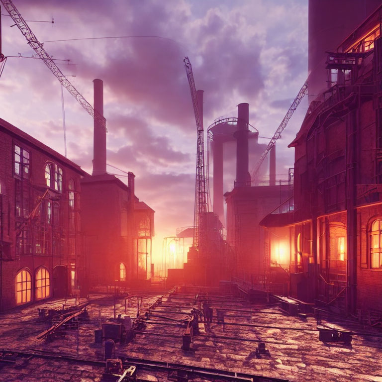 Dusky industrial landscape with cranes and vintage buildings