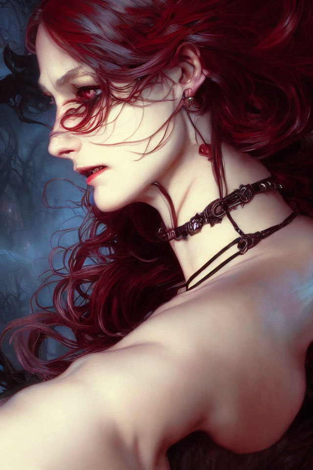 Vibrant red-haired woman in gothic digital art