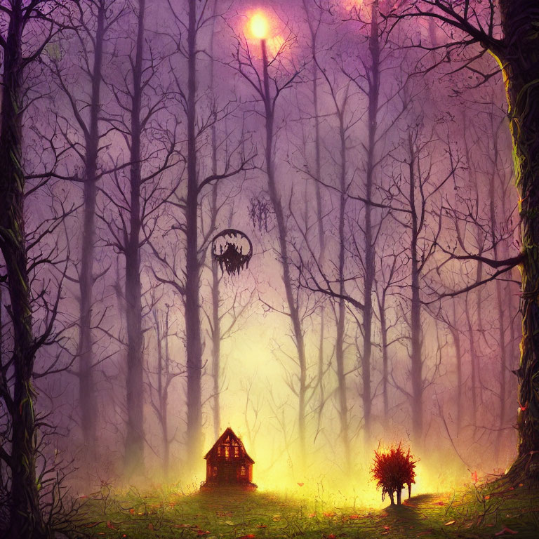 Ethereal forest with glowing sunset, bat silhouette, cabin, lone red tree in foggy purple