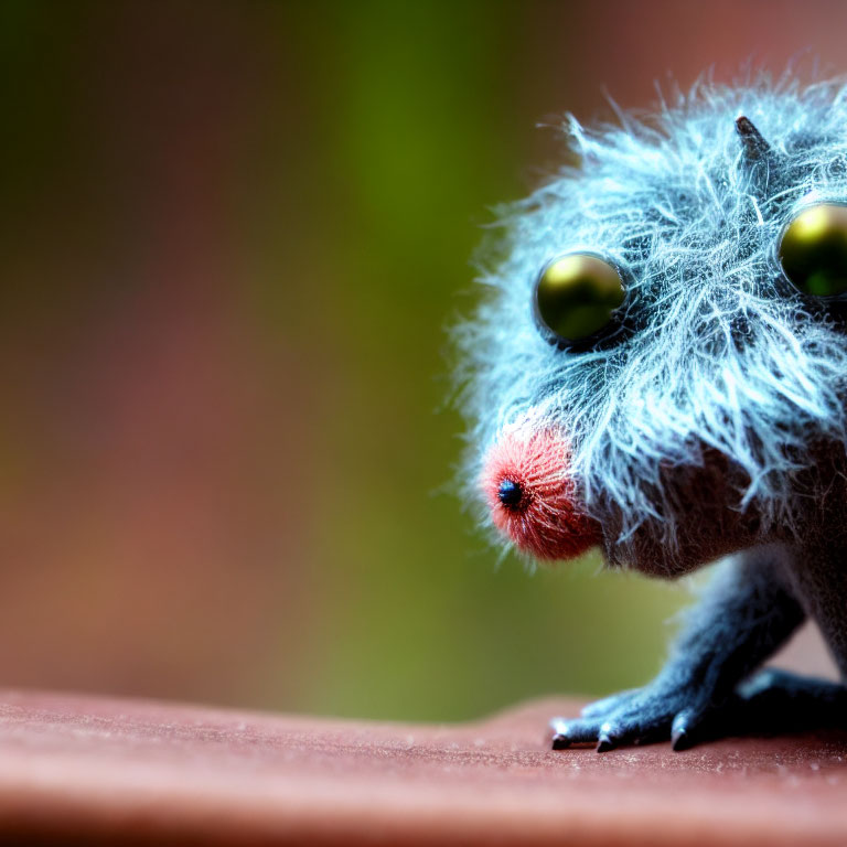 Fuzzy blue toy with large yellow eyes and small orange nose on blurred background