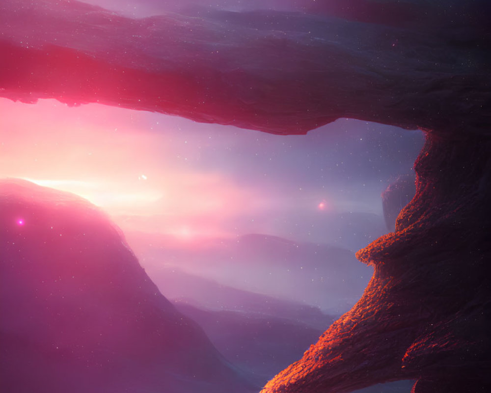 Fantastical landscape with silhouetted figures under pink and purple light