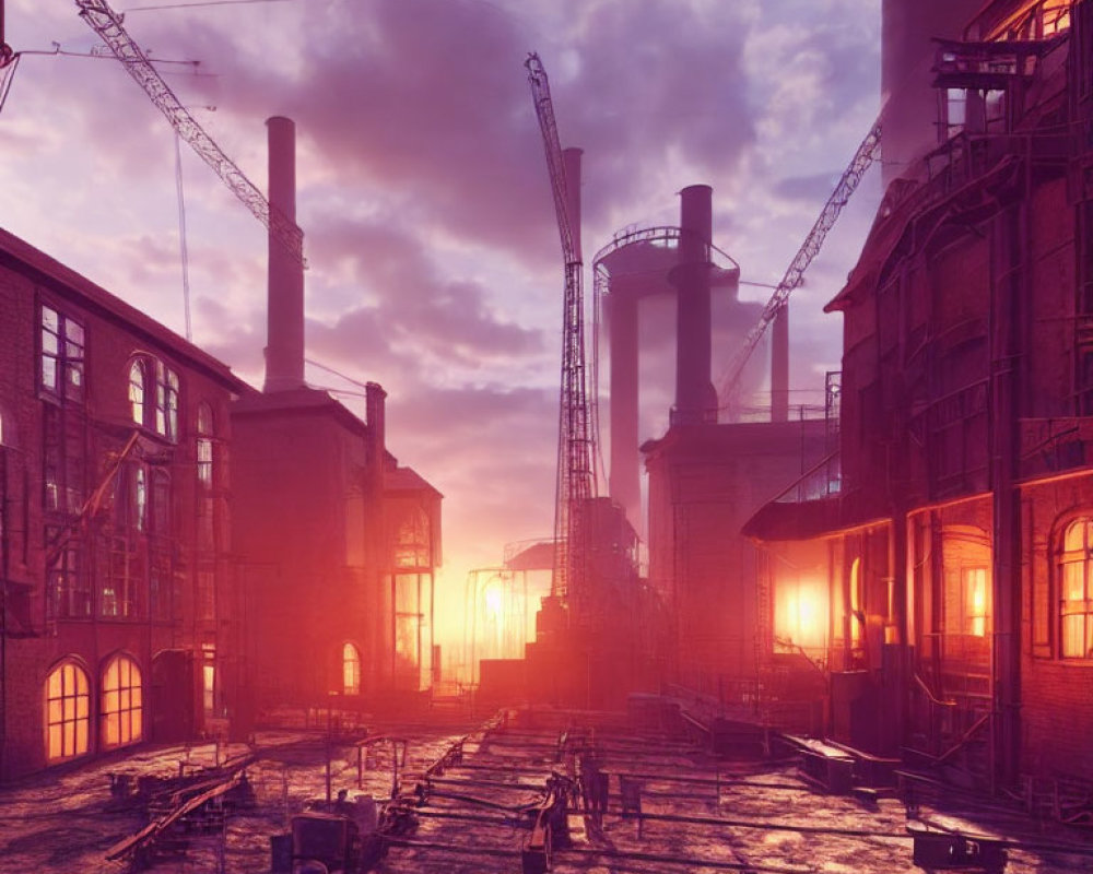 Dusky industrial landscape with cranes and vintage buildings