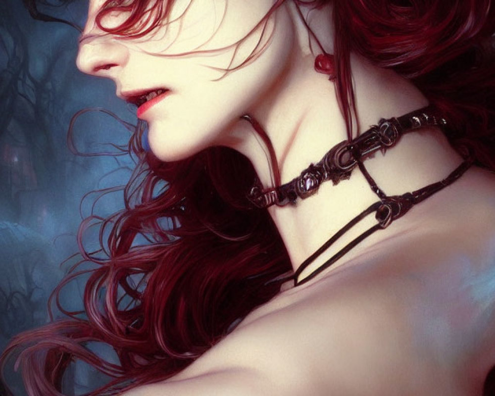 Vibrant red-haired woman in gothic digital art