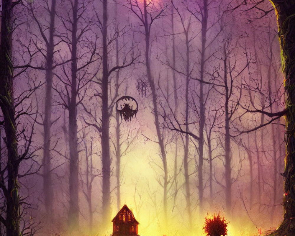 Ethereal forest with glowing sunset, bat silhouette, cabin, lone red tree in foggy purple