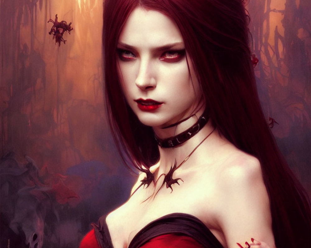 Digital artwork: Woman with red eyes and hair in red dress, dark forest & floating spirits.