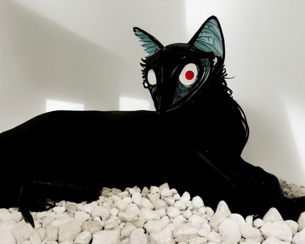 Black Wolf-Like Figure with Red Eye and Blue Butterfly Ears on White Pebbles