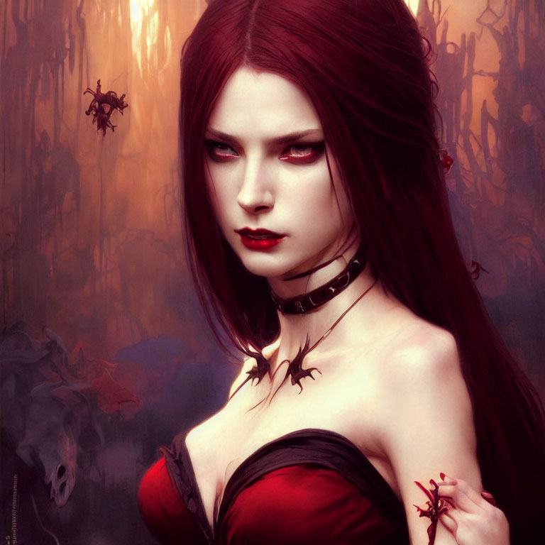 Digital artwork: Woman with red eyes and hair in red dress, dark forest & floating spirits.