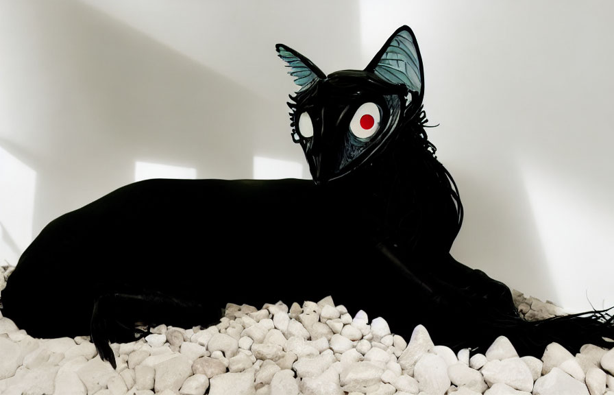 Black Wolf-Like Figure with Red Eye and Blue Butterfly Ears on White Pebbles