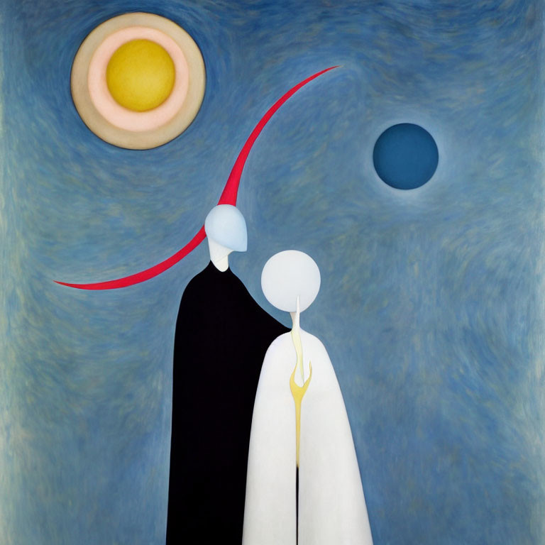 Abstract black and white humanoid figures with sun and moon in blue sky connected by red arc