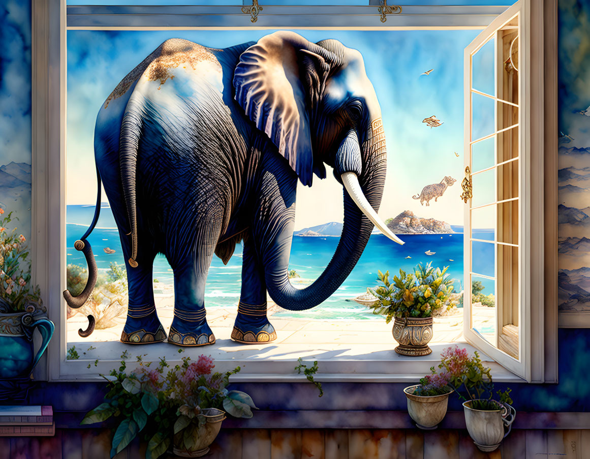 Surreal elephant art featuring seaside view from window