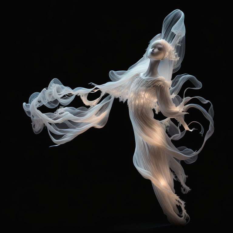 Ghostly white figure in flowing robes against dark background