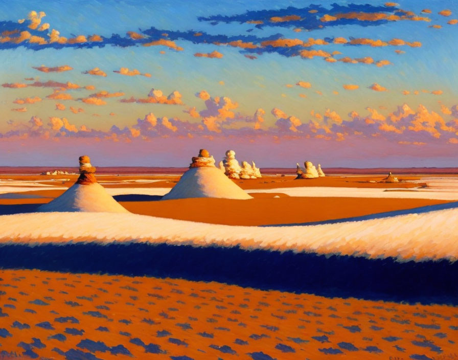 Desert Landscape Painting with Mound Formations and Blue Sky