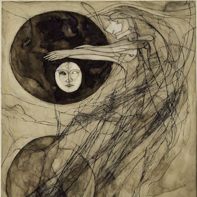 Abstract artwork: Figure reaching towards mask in circular form with intricate web-like lines on sepia background