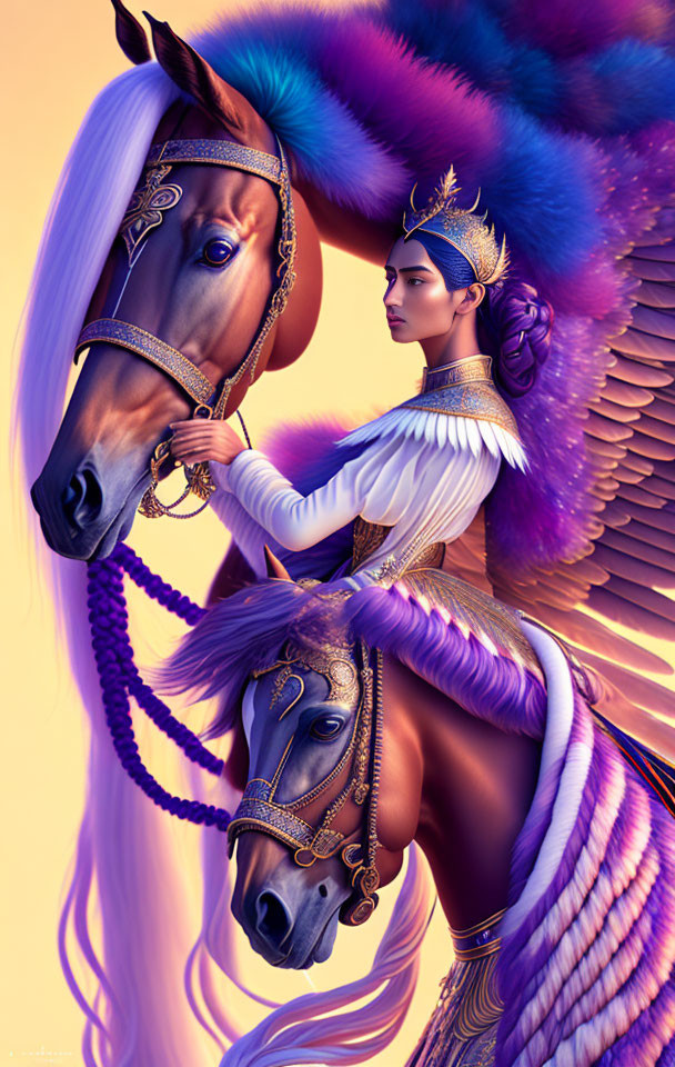 Regal woman in elaborate attire with majestic horses on vibrant purple backdrop