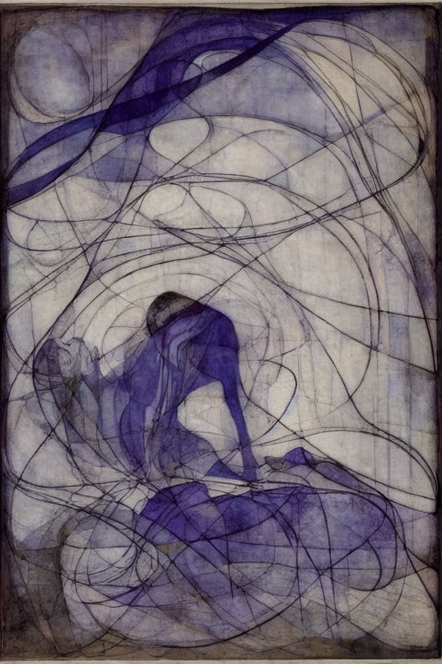 Ethereal figure enveloped in swirling blue lines on aged parchment.