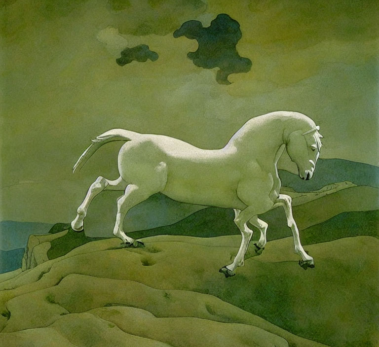 Stylized white horse with flowing mane prancing on grassy hills under green sky