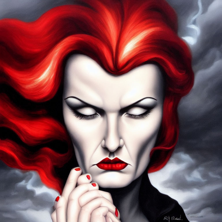 Illustration of person with vibrant red hair, lipstick, nails, and closed eyes.