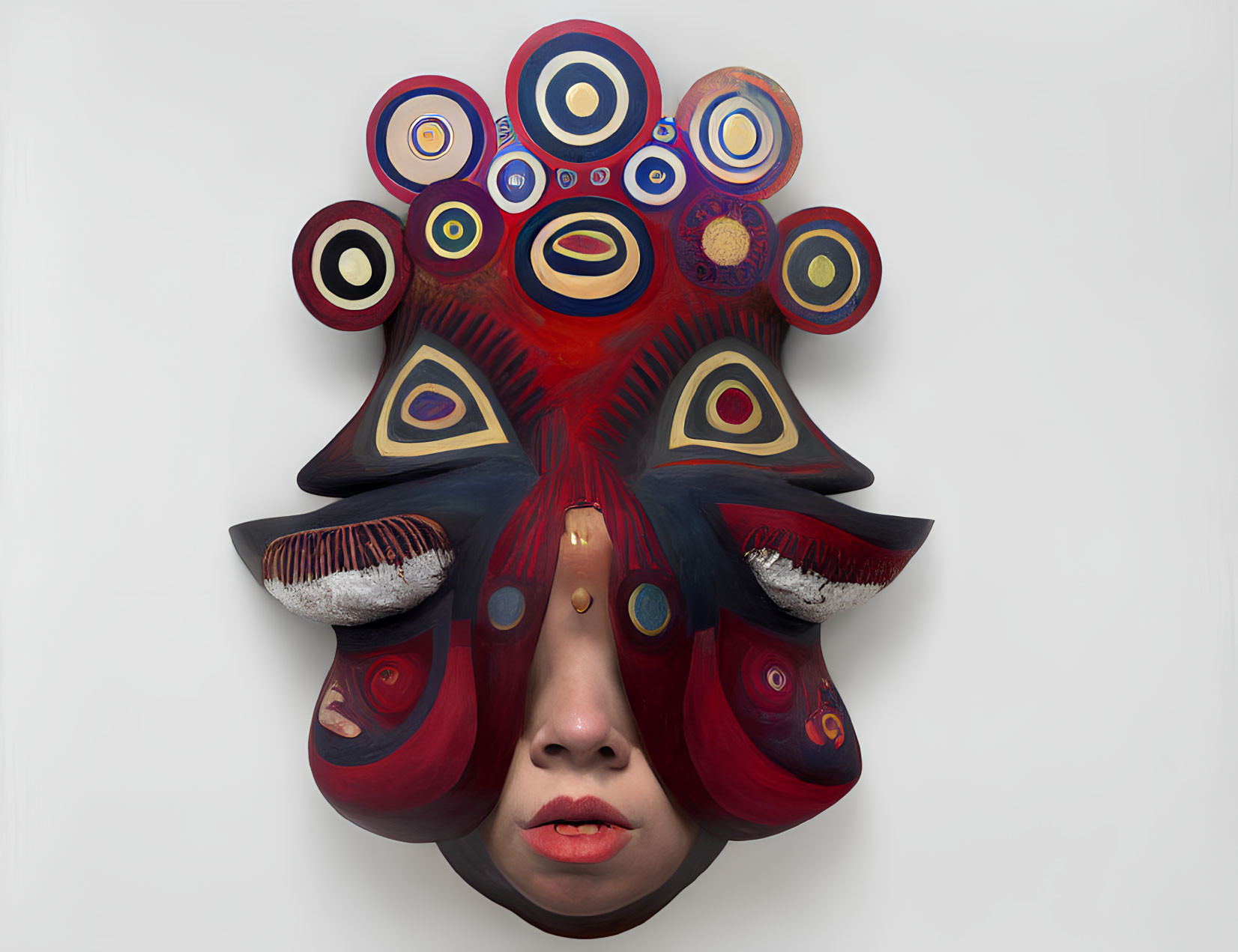 Abstract surreal portrait with circular designs in red, blue, and ochre palette