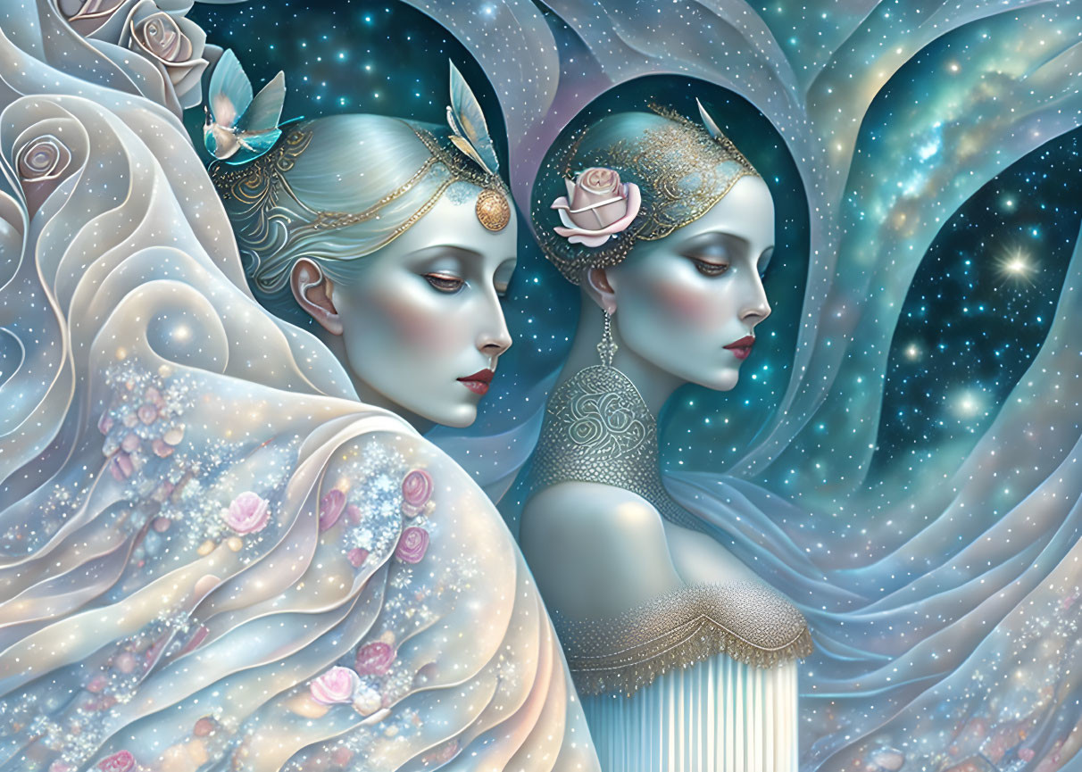 Ethereal Women with Elaborate Headdresses in Cosmic Setting