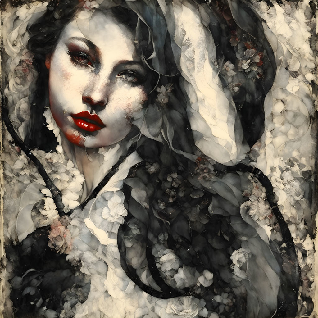 Pale-skinned woman with red lips in floral swirl composition