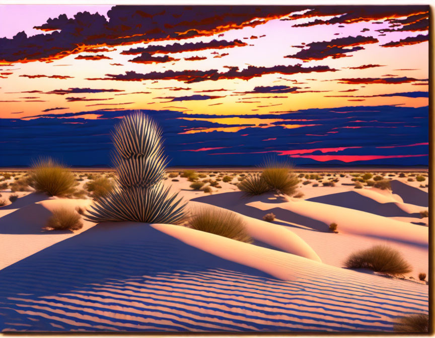 Colorful Desert Sunset with Yucca Plants and Sand Dunes