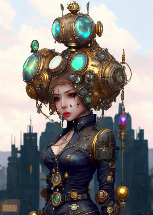 Elaborate steampunk headgear with brass fittings and blue gemstones.