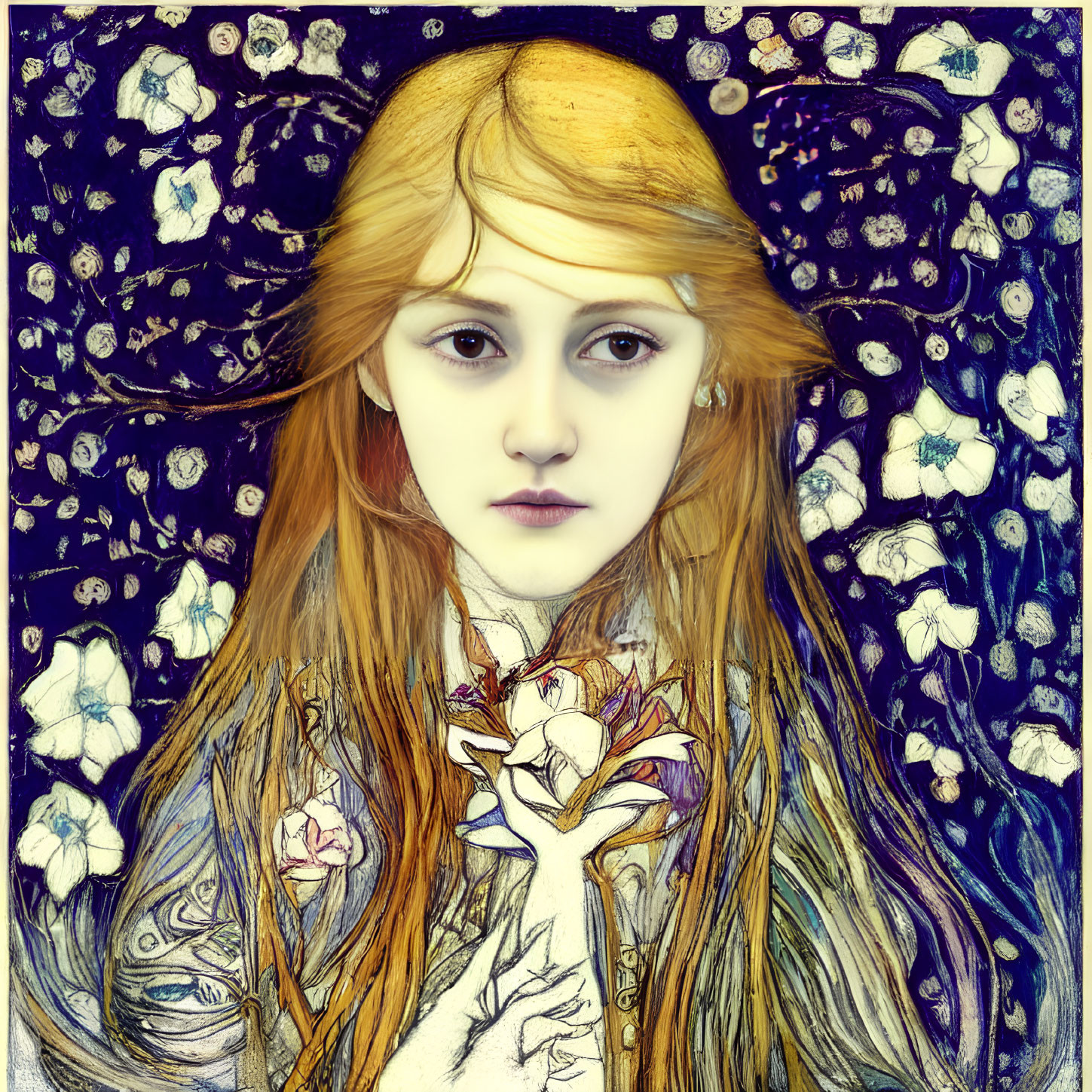 Portrait of girl with golden hair holding white flower on blue floral background