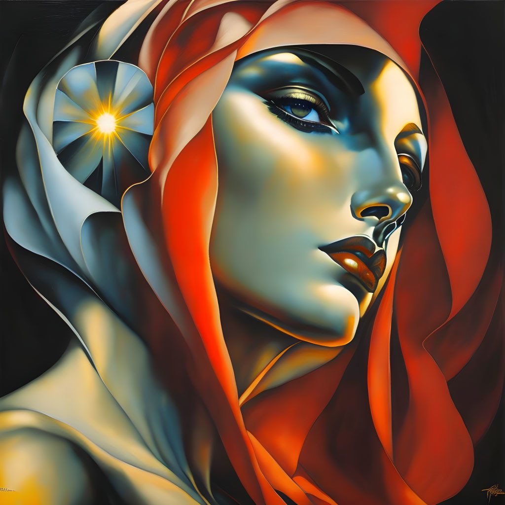 Stylized portrait of a woman with red headscarf and blue features