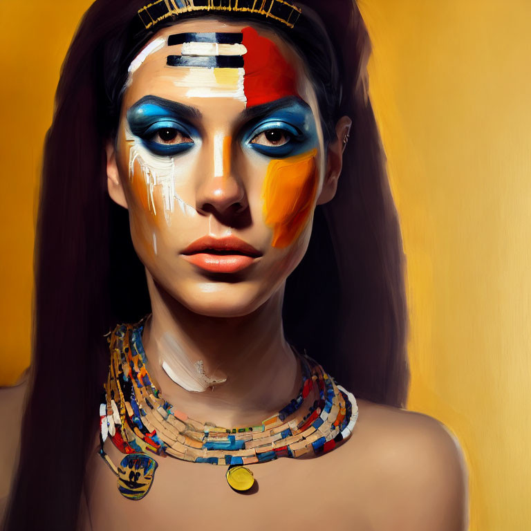 Colorful Makeup and Egyptian Necklace on Woman Against Yellow Background