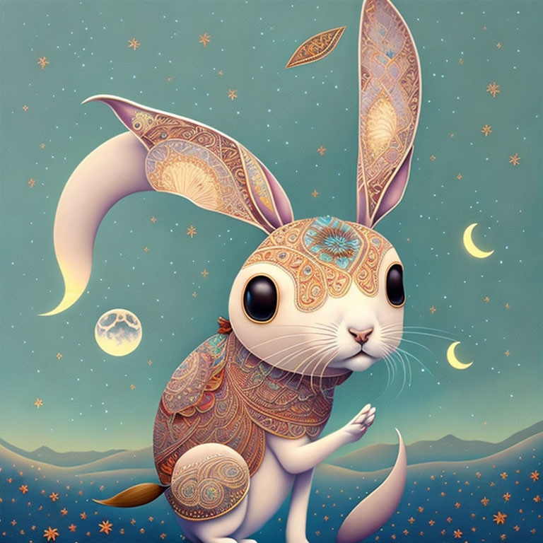 Illustrated rabbit with ornate patterns in whimsical nighttime landscape.