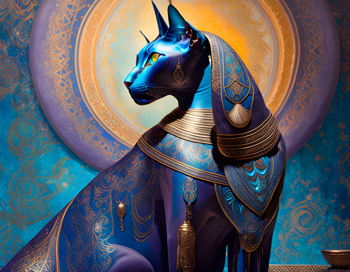 Blue Cat in Ancient Egyptian Style with Golden Jewelry and Cloak